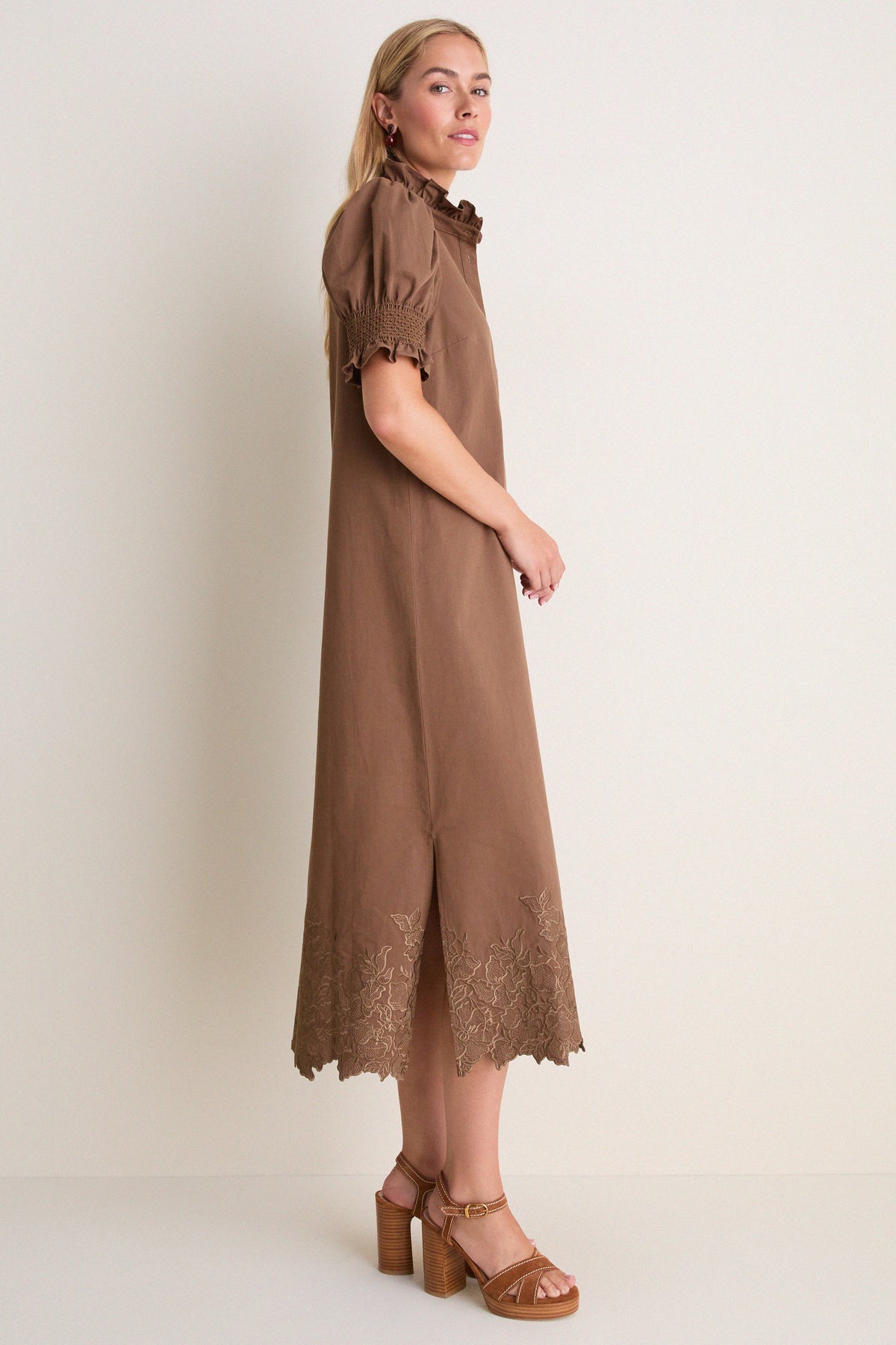Mocha Embroidery Eliza Midi Dress