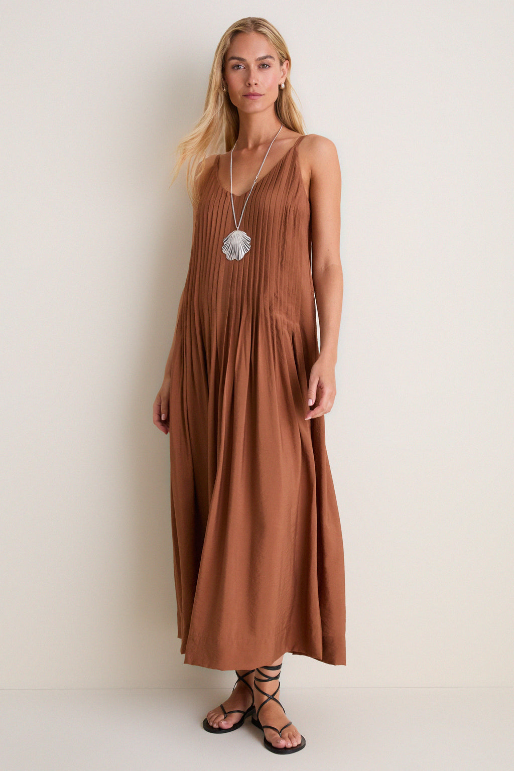 Chocolate V Neck Pleated Front Detail Maxi Dress