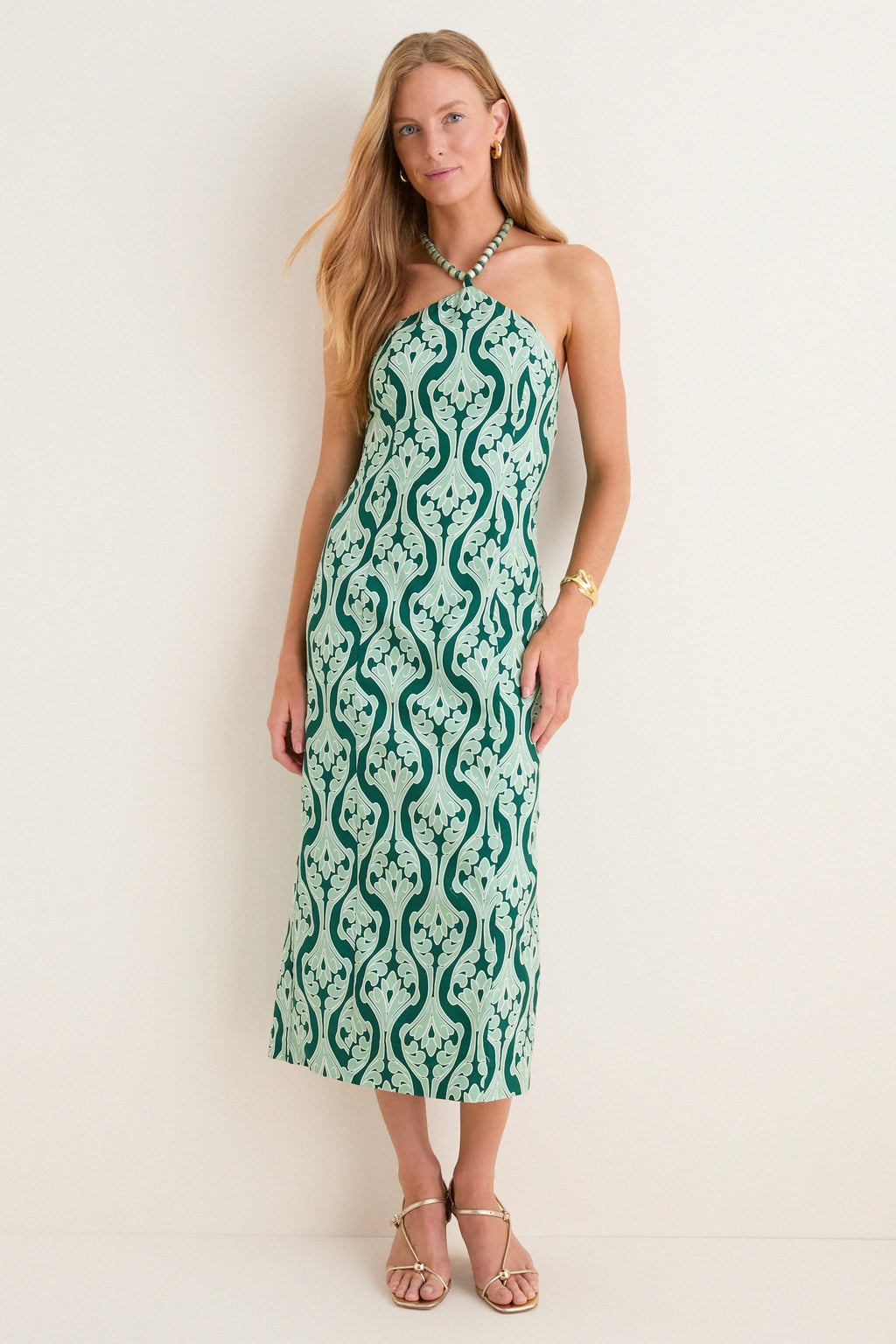 Green Geo Floral Naomi Beaded Halter Dress
