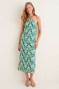 Green Geo Floral Naomi Beaded Halter Dress