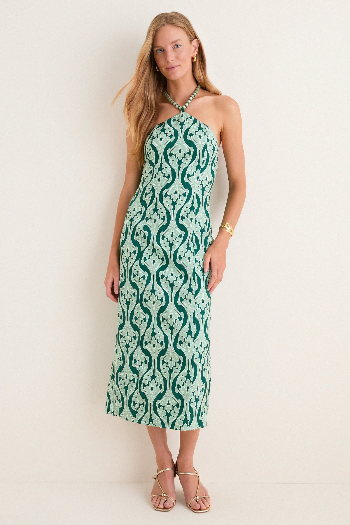 Green Geo Floral Naomi Beaded Halter Dress