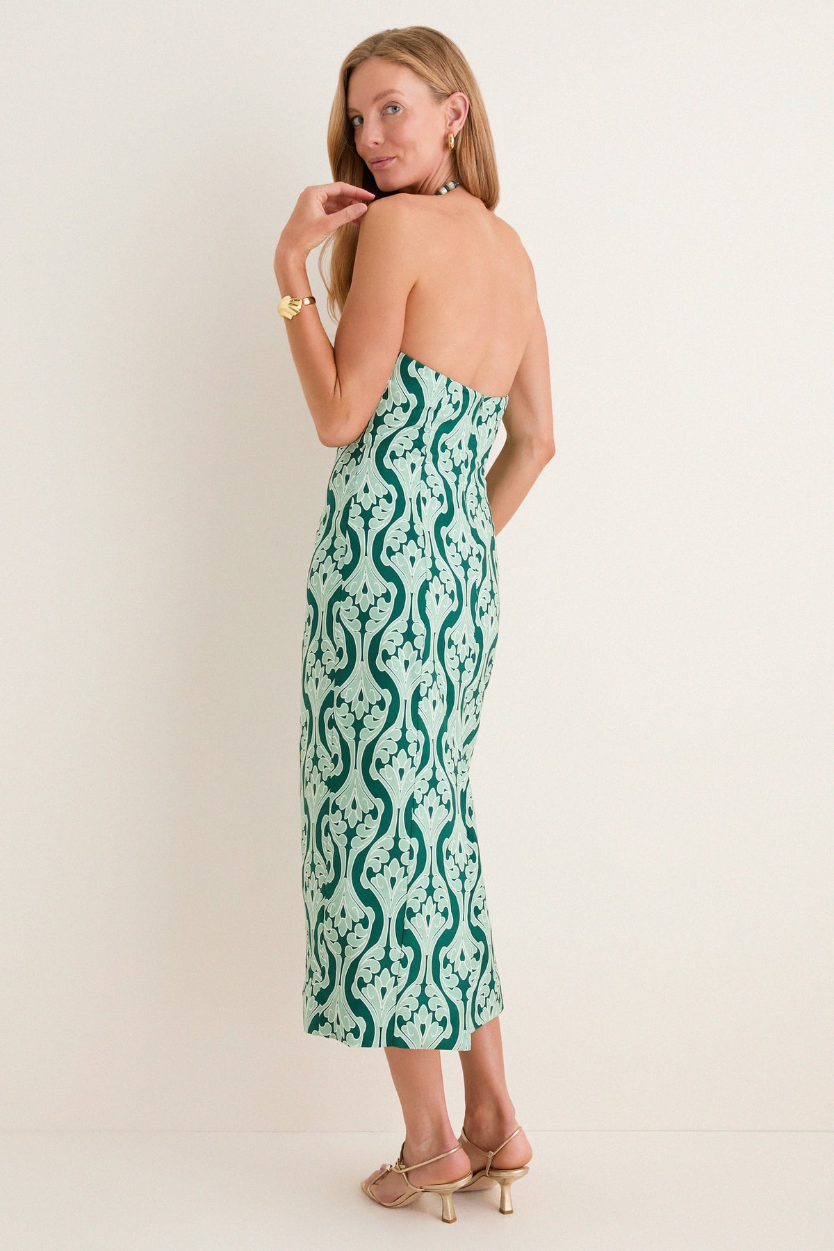 Green Geo Floral Naomi Beaded Halter Dress