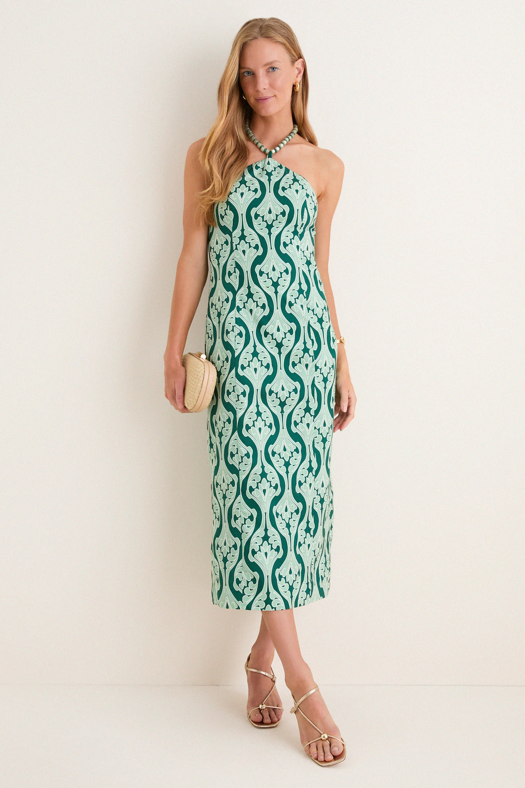 Green Geo Floral Naomi Beaded Halter Dress
