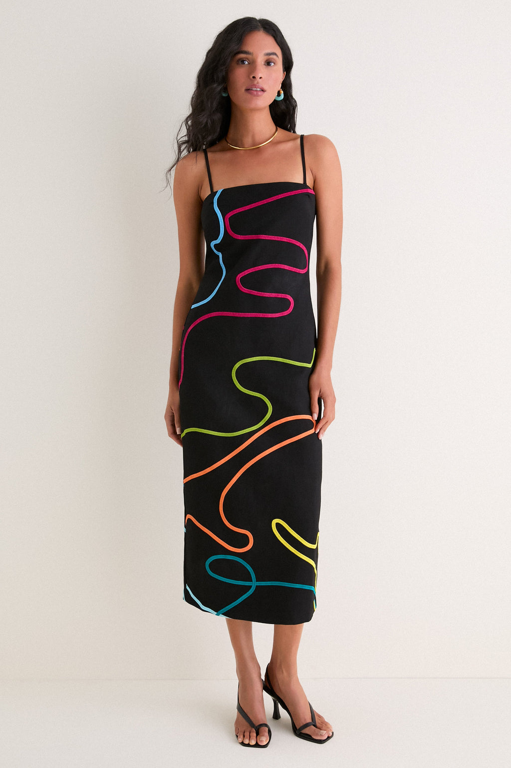 Black Linen & Technicolor Soutache Electra Maxi Dress