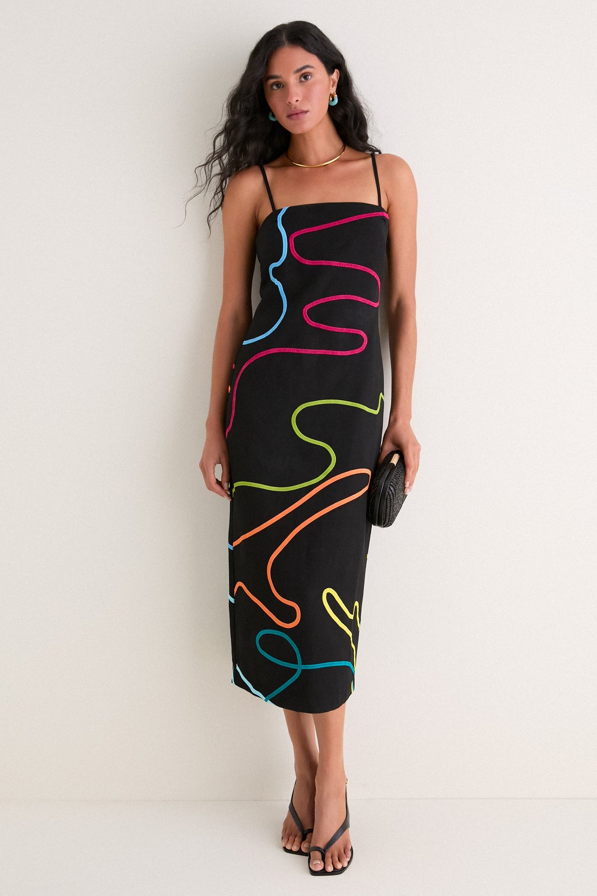 Black Linen & Technicolor Soutache Electra Maxi Dress