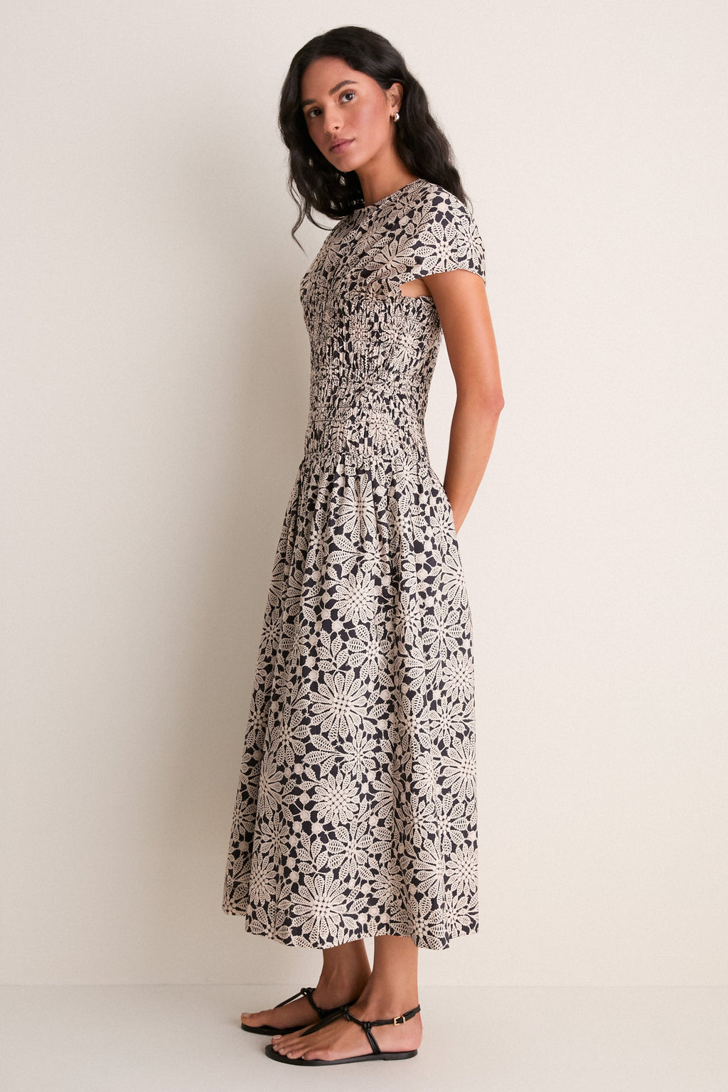 Black & Tan Printed Floral Smocked Rollins Midi Dress