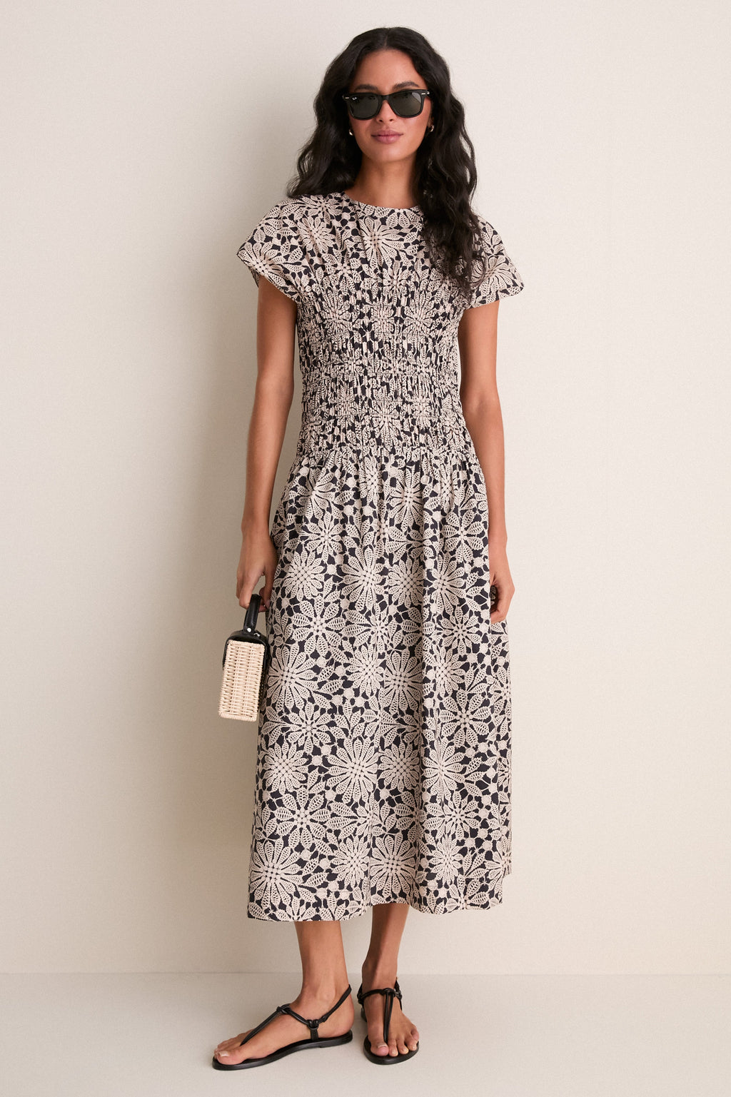 Black & Tan Printed Floral Smocked Rollins Midi Dress