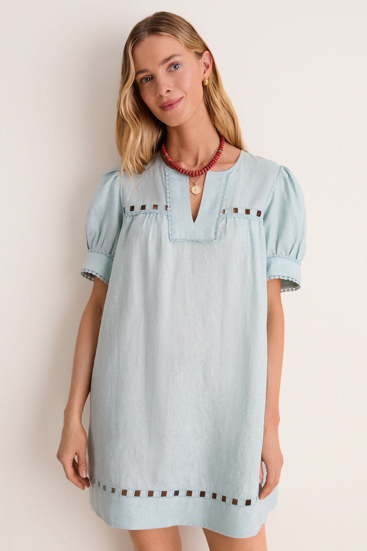 Mediterranean Mist Eyelet Linen Bridget Mini Dress