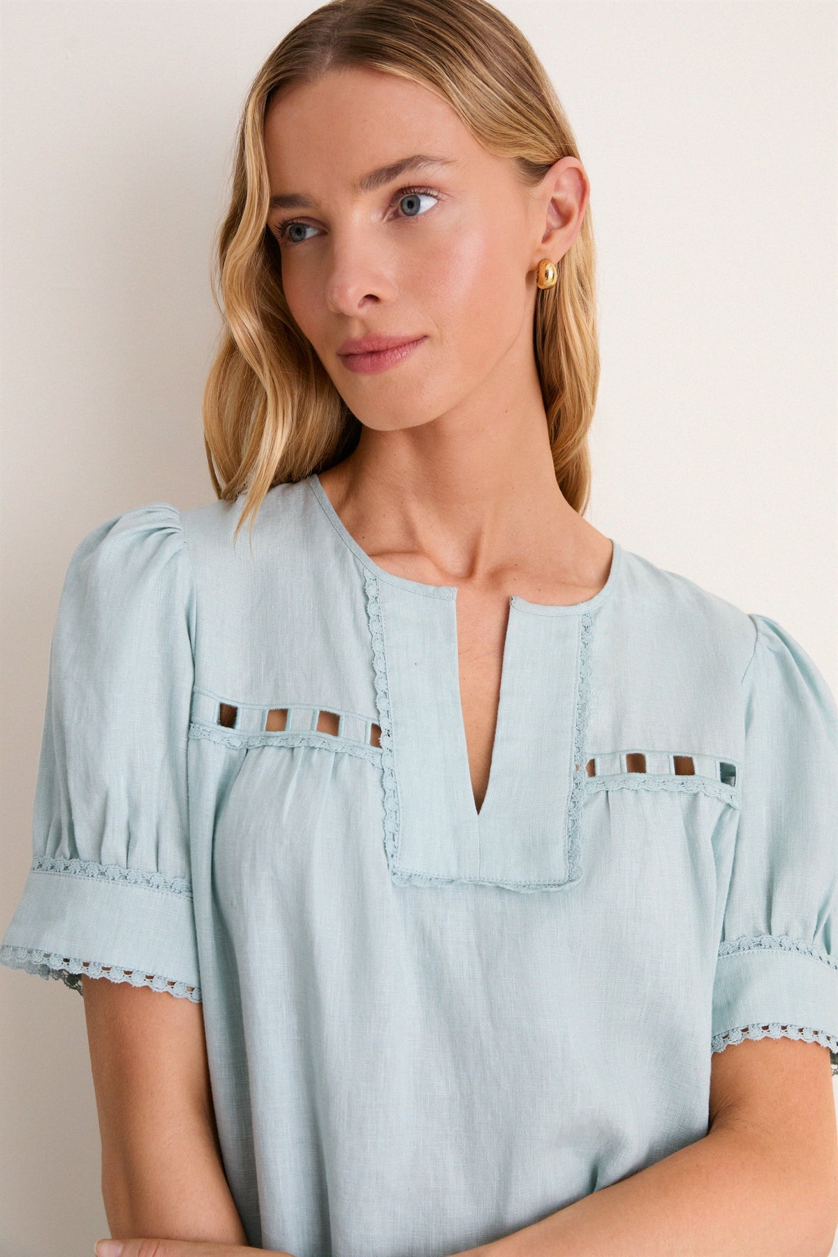 Mediterranean Mist Eyelet Linen Bridget Mini Dress