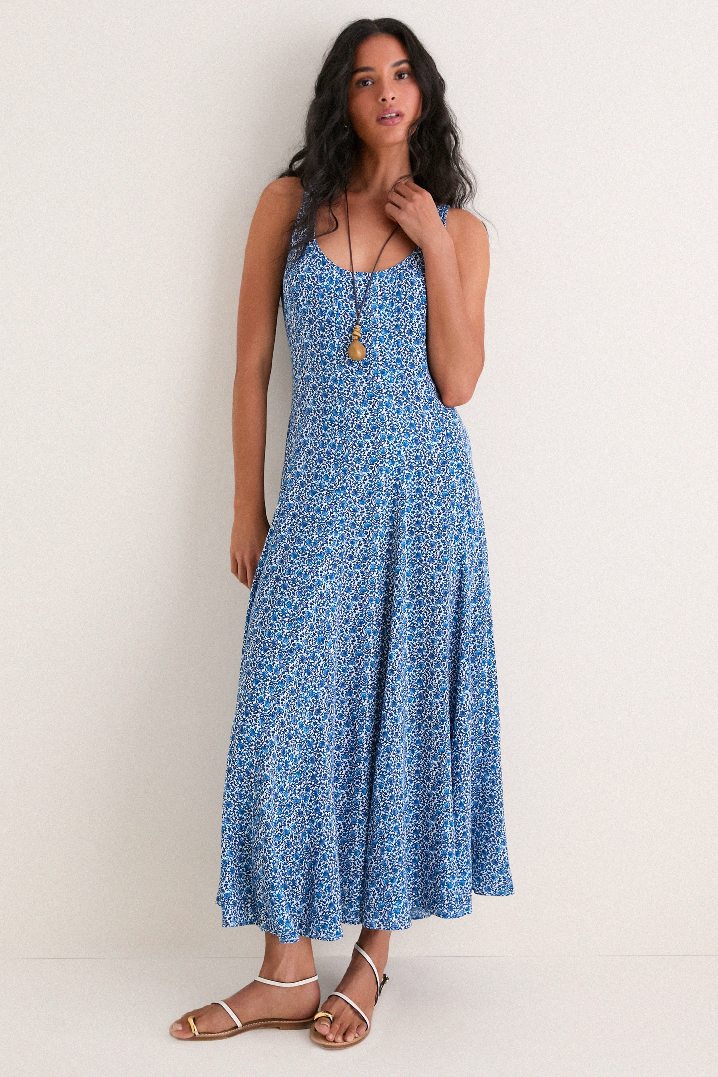 Aqua Ditsy Viscose  Crepe Lyon Maxi Dress