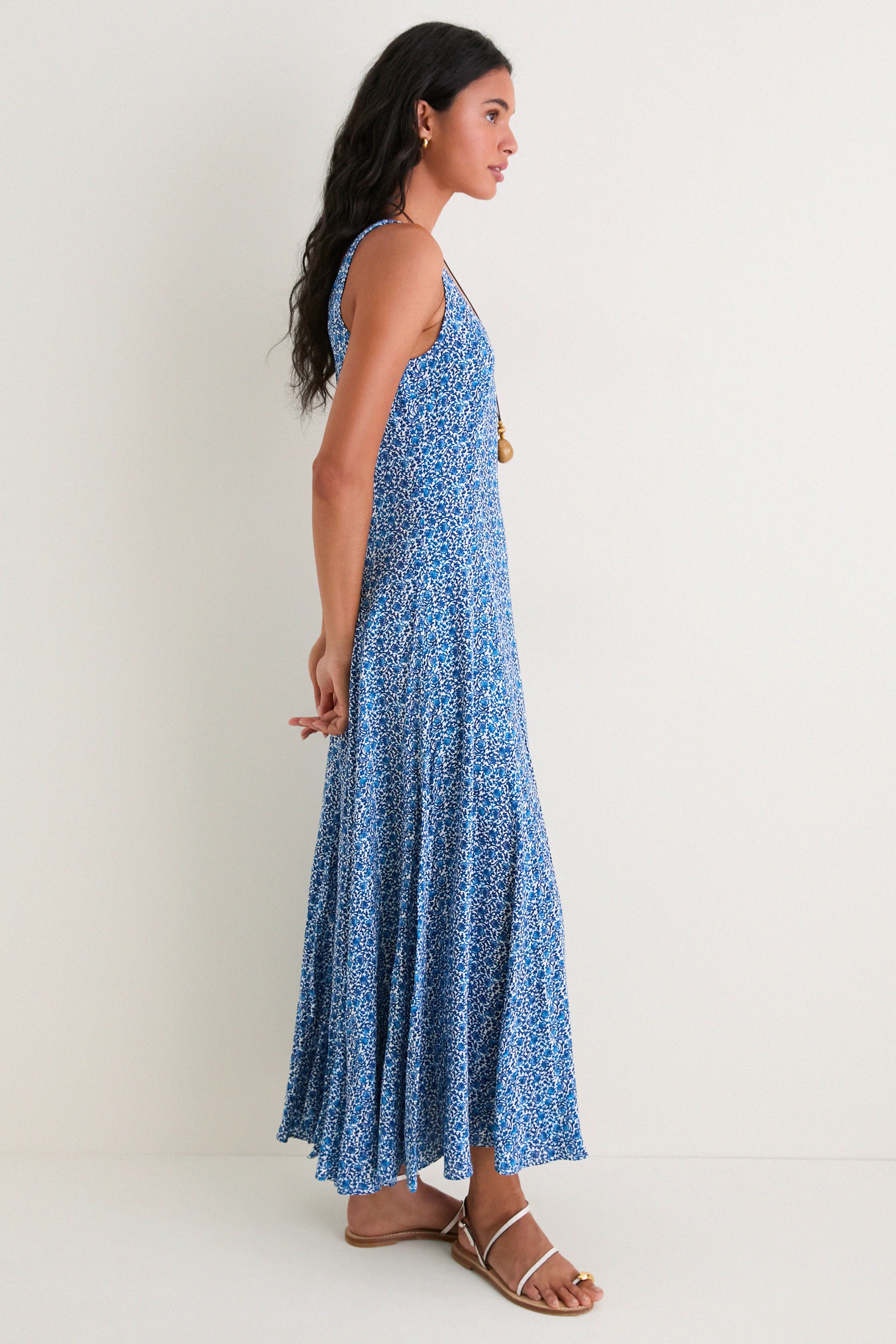 Aqua Ditsy Viscose  Crepe Lyon Maxi Dress