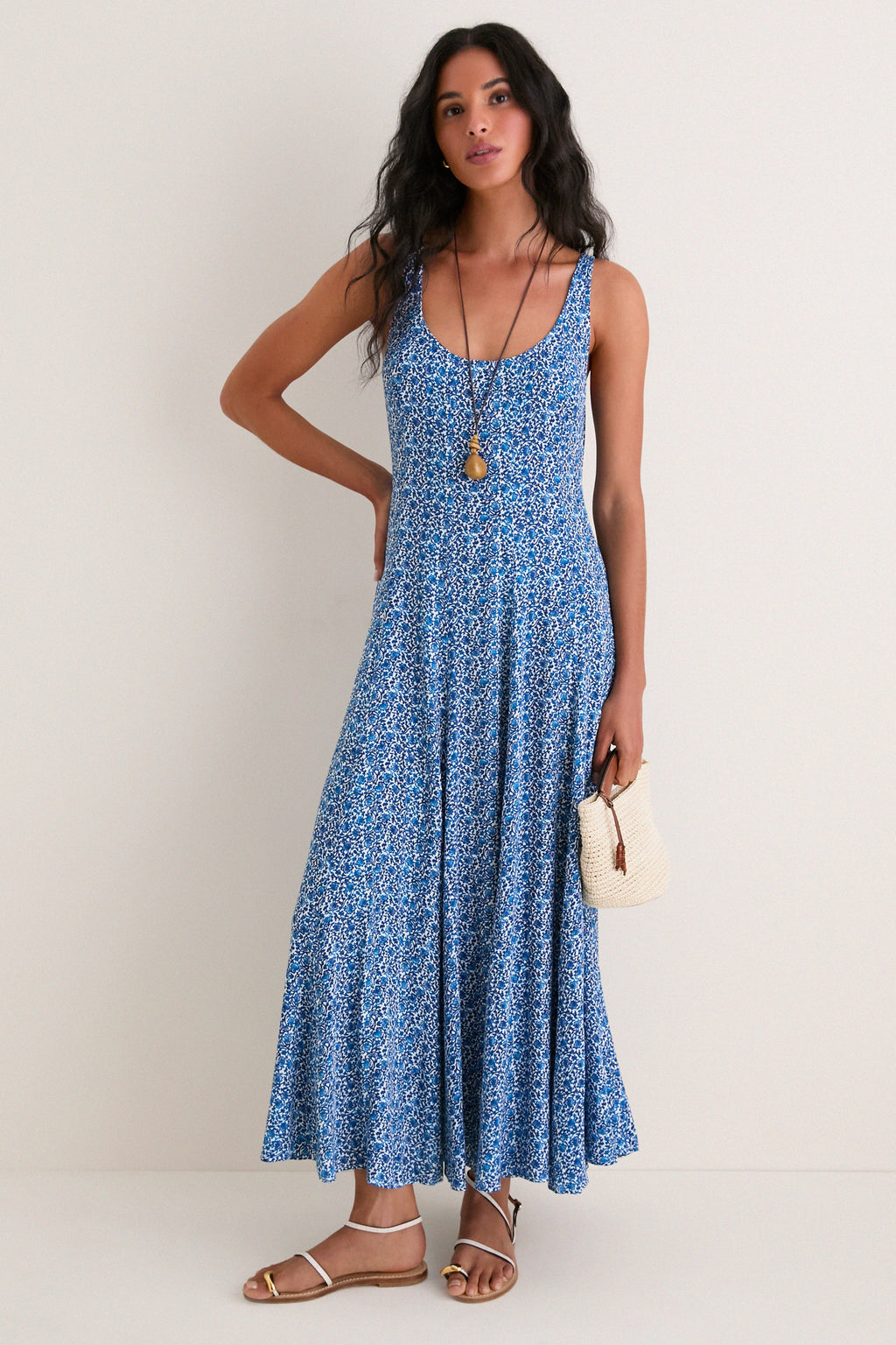 Aqua Ditsy Viscose  Crepe Lyon Maxi Dress