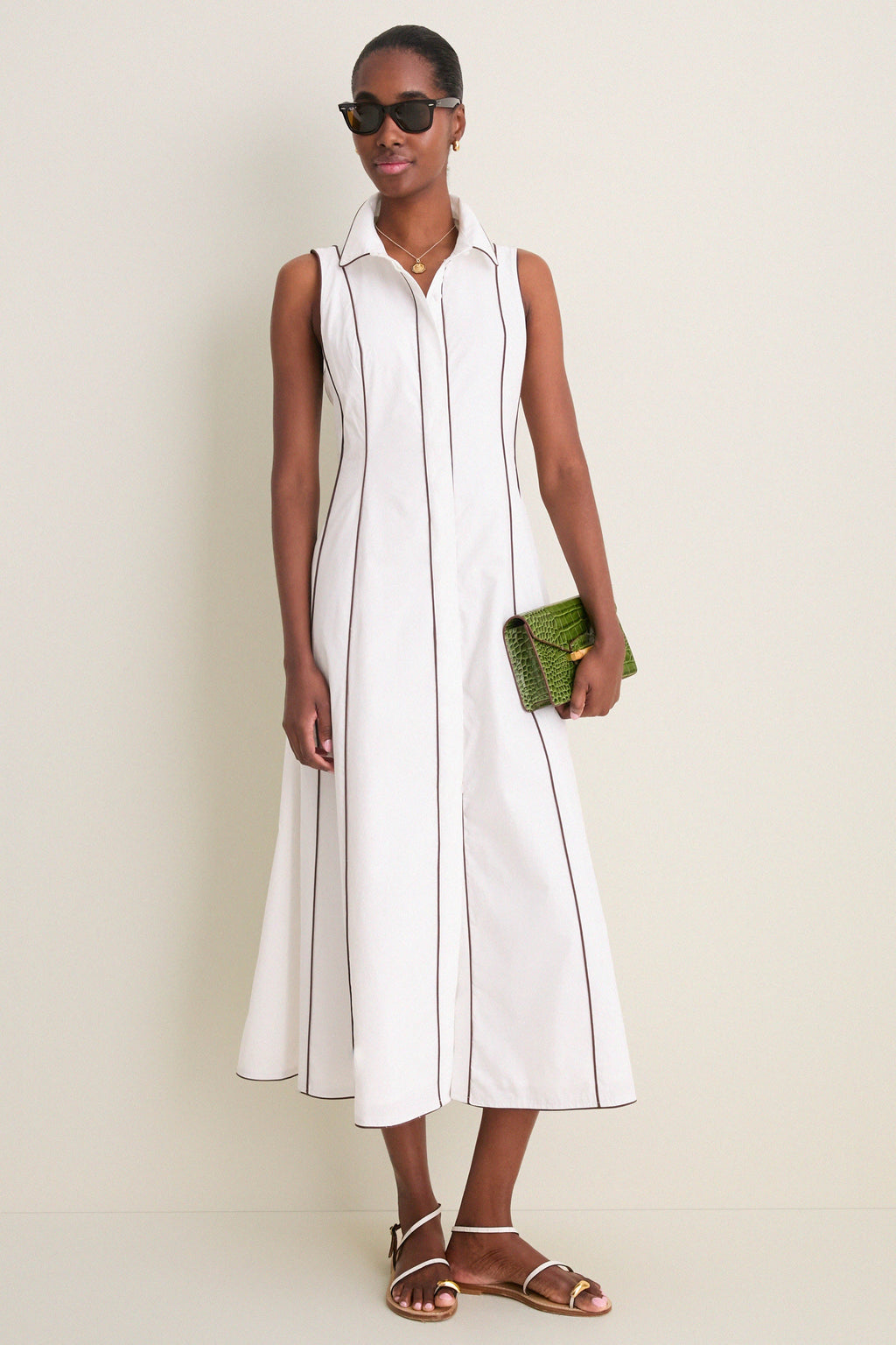 White With Chestnut Piping Fontaine Dress