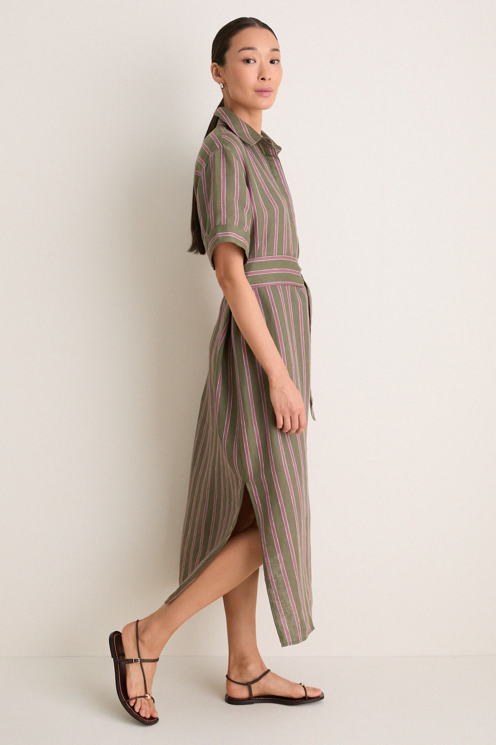 Olive and Raspberry Stripe Linen Milano Shirt Dress