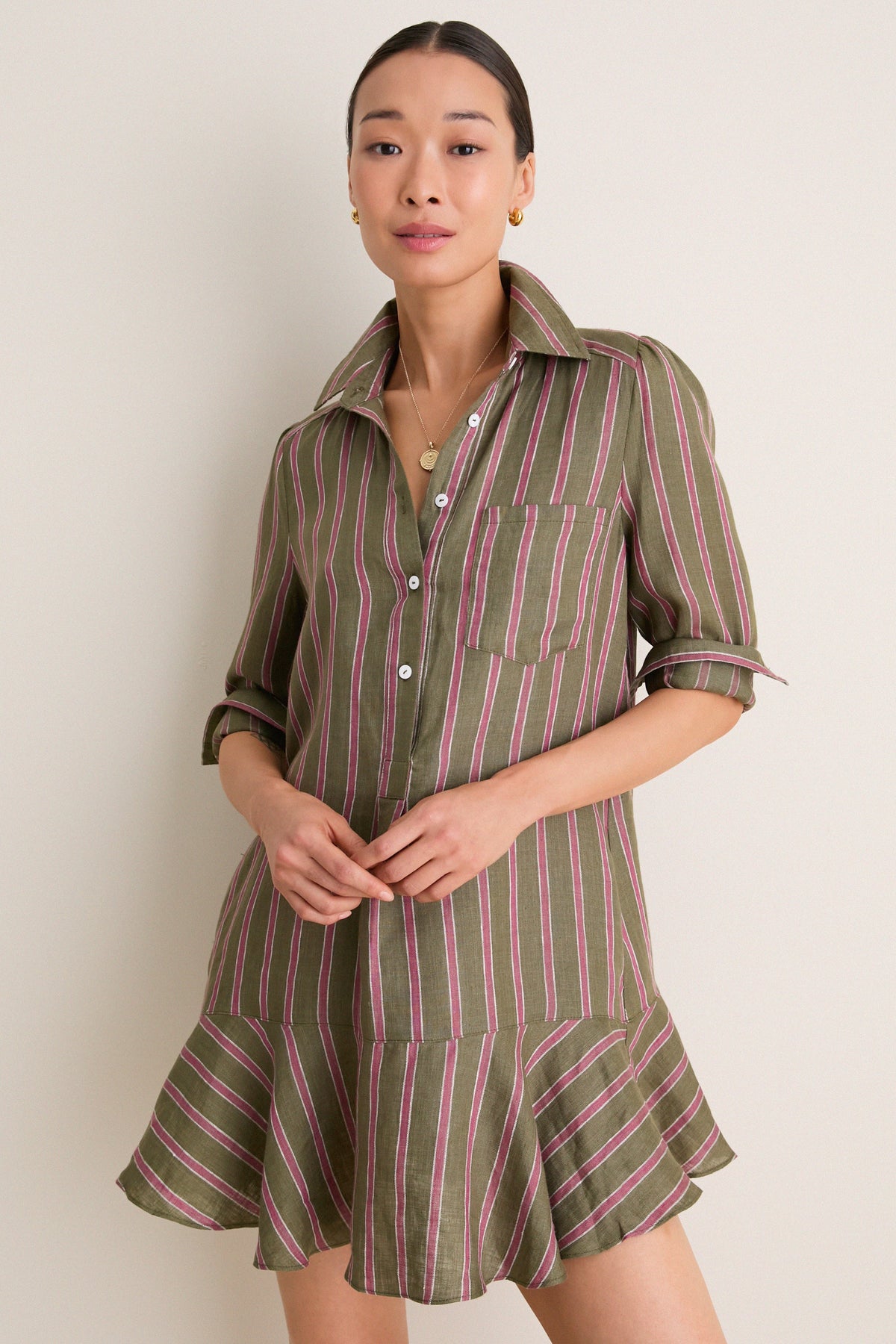 Olive and Raspberry Stripe Linen Callahan Dress