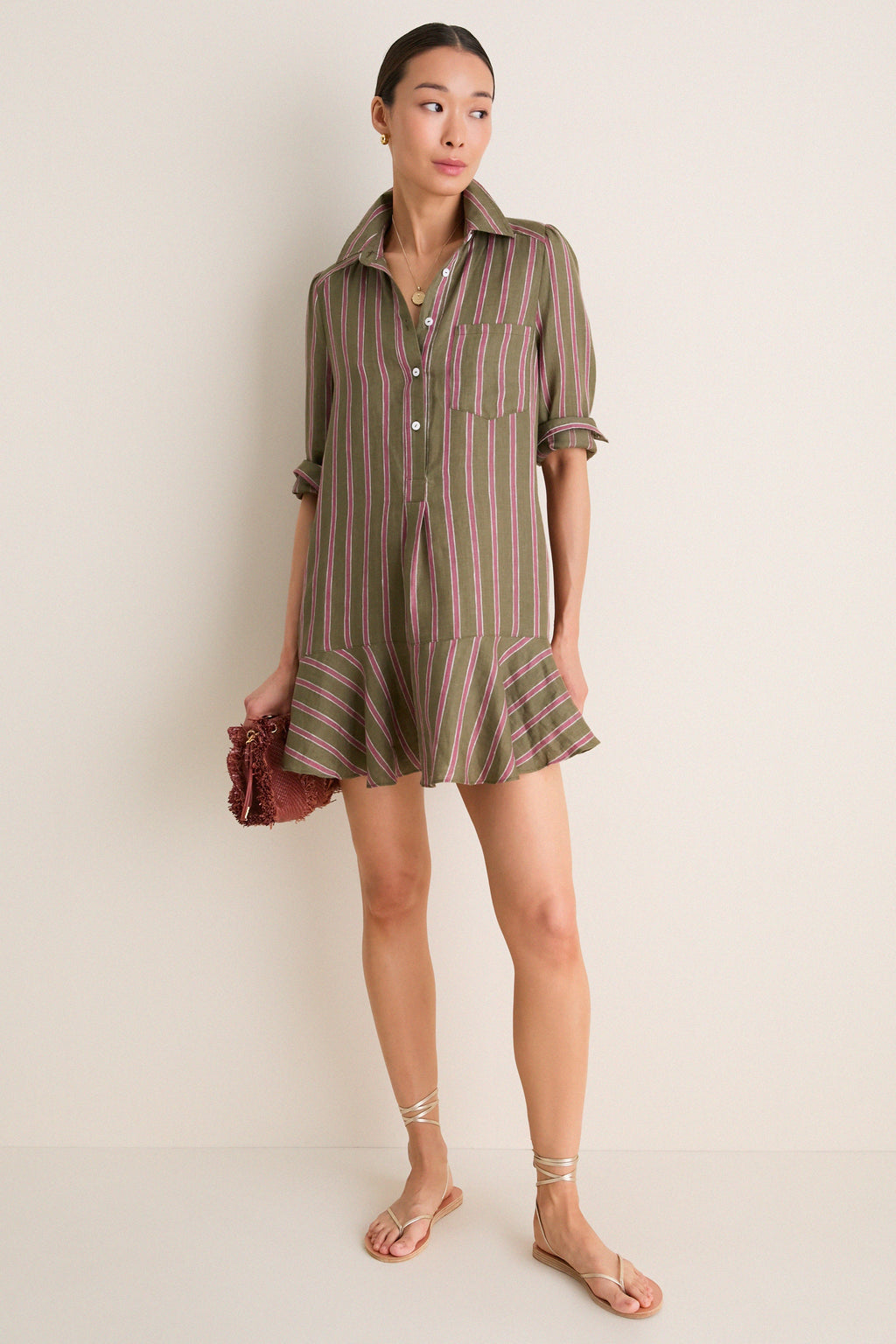 Olive and Raspberry Stripe Linen Callahan Dress