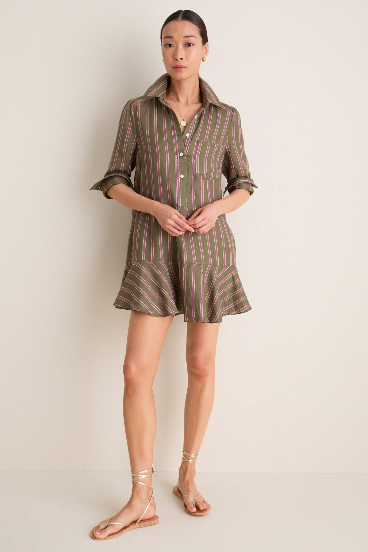 Olive and Raspberry Stripe Linen Callahan Dress