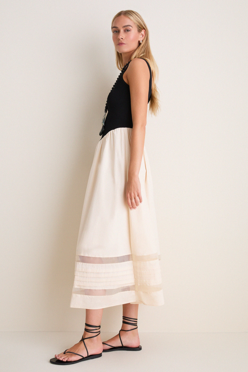 Black Multi Sheer Insert Cotton Knit Twofer Midi Dress
