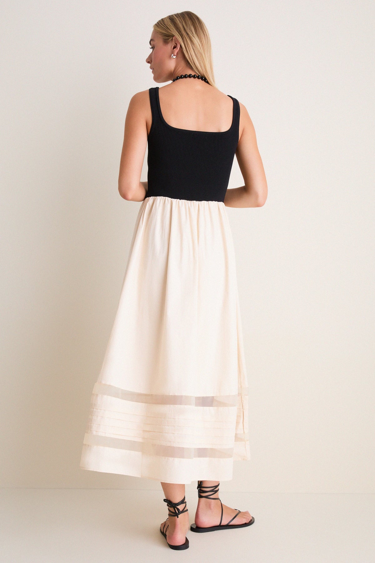 Black Multi Sheer Insert Cotton Knit Twofer Midi Dress