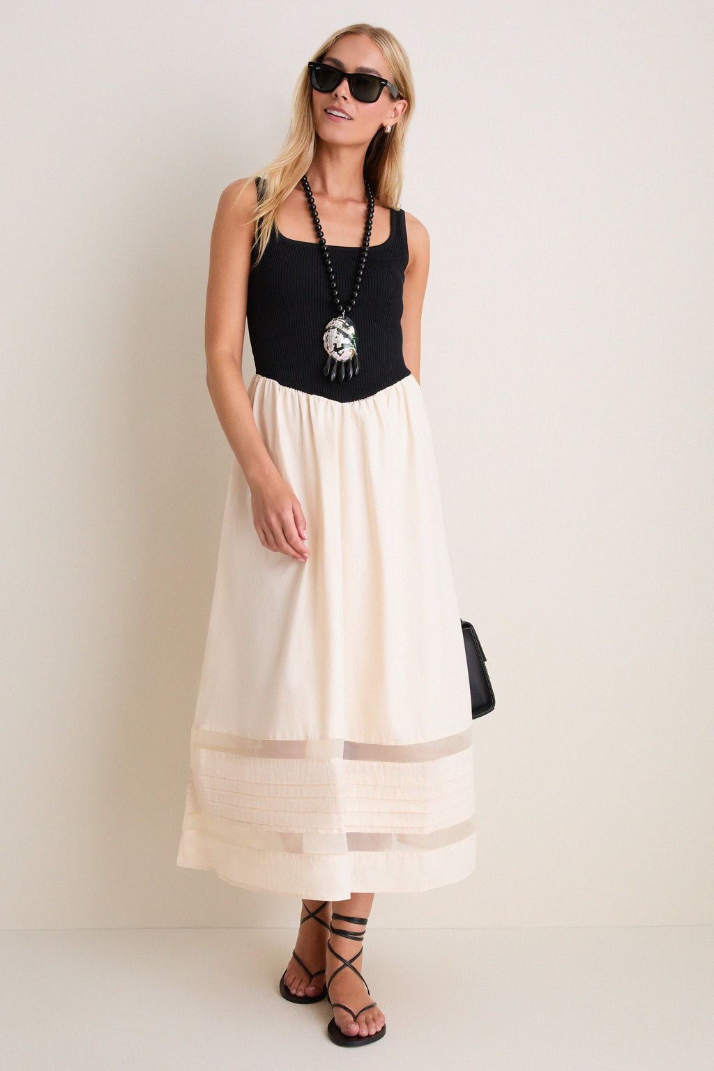 Black Multi Sheer Insert Cotton Knit Twofer Midi Dress